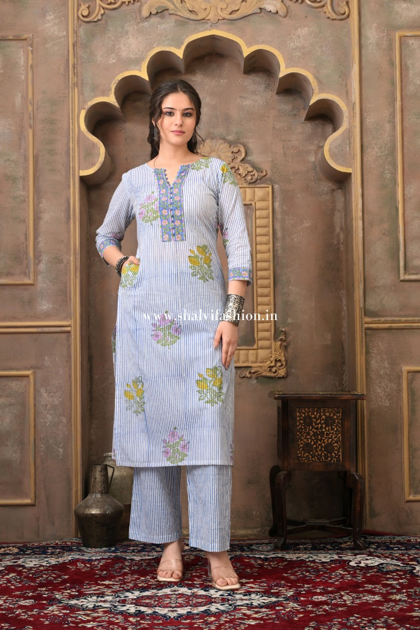 Shop hand block printed cotton suits with kota dupatta (CSS496)