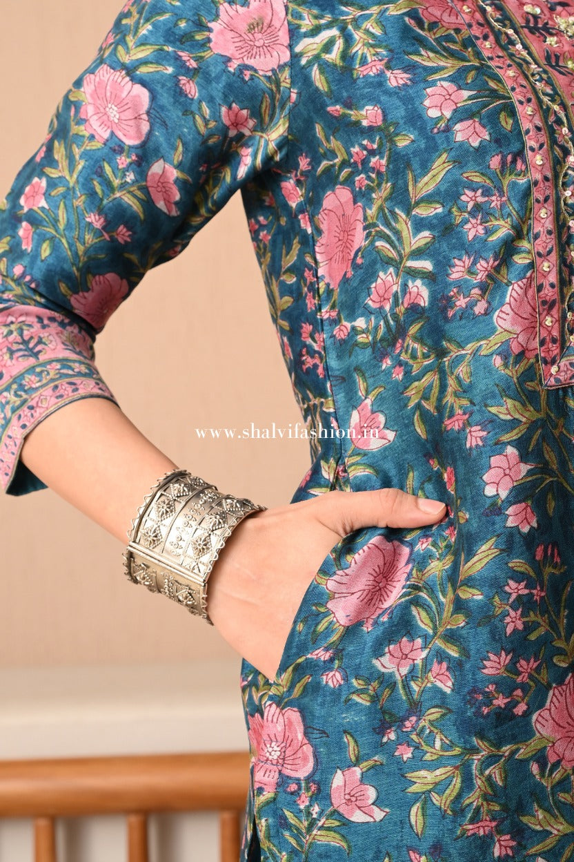 Shop block print chanderi silk suits in jaipur (CSS498)