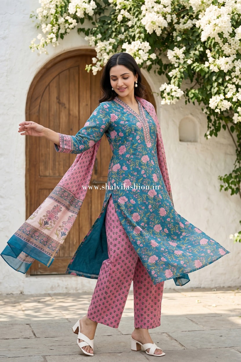 Shop block print chanderi silk suits in jaipur (CSS498)