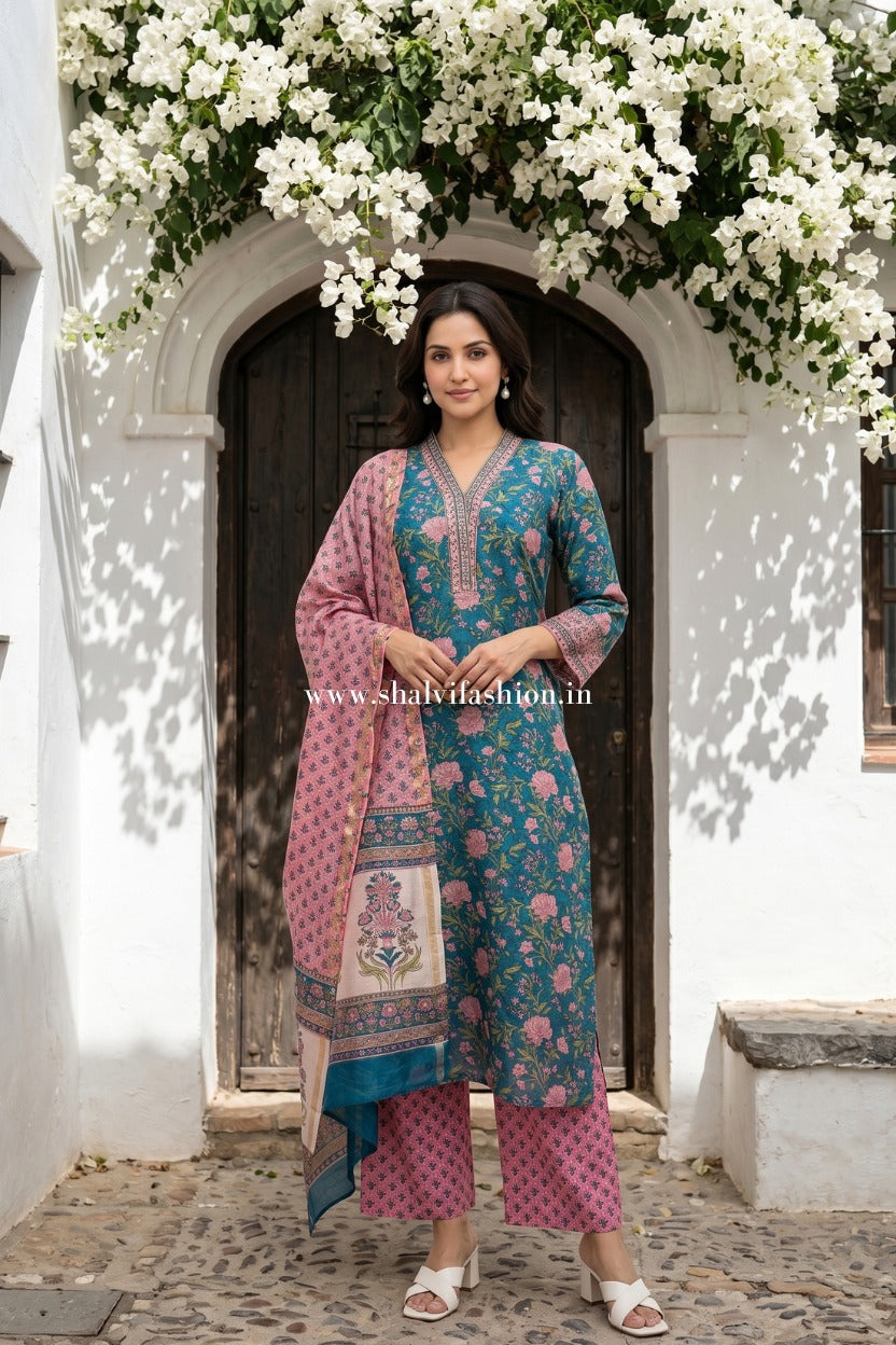 Shop block print chanderi silk suits in jaipur (CSS498)
