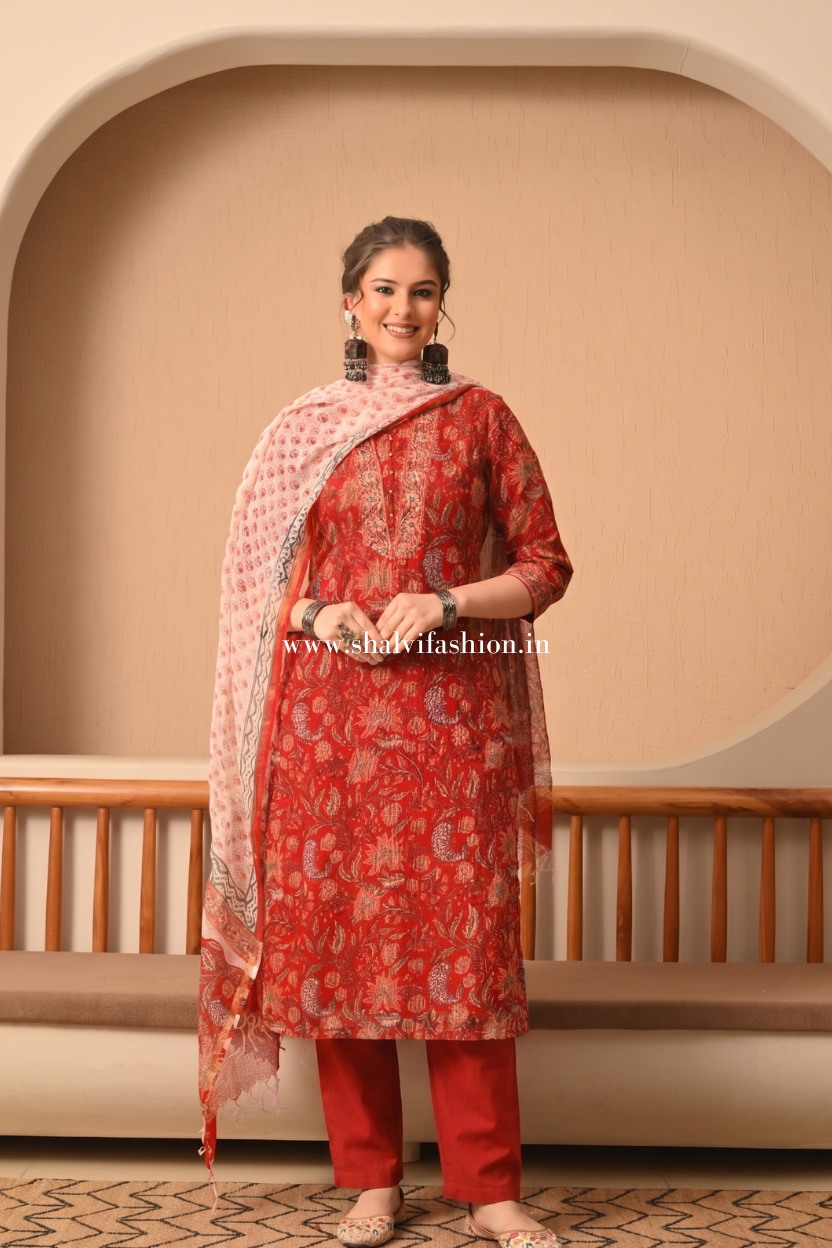 Shop block printed kota doria suits online (CSS502)