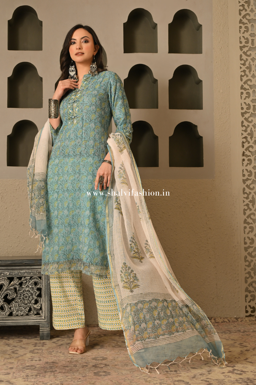 Shop block printed kota doria suits online shopping (CSS503)