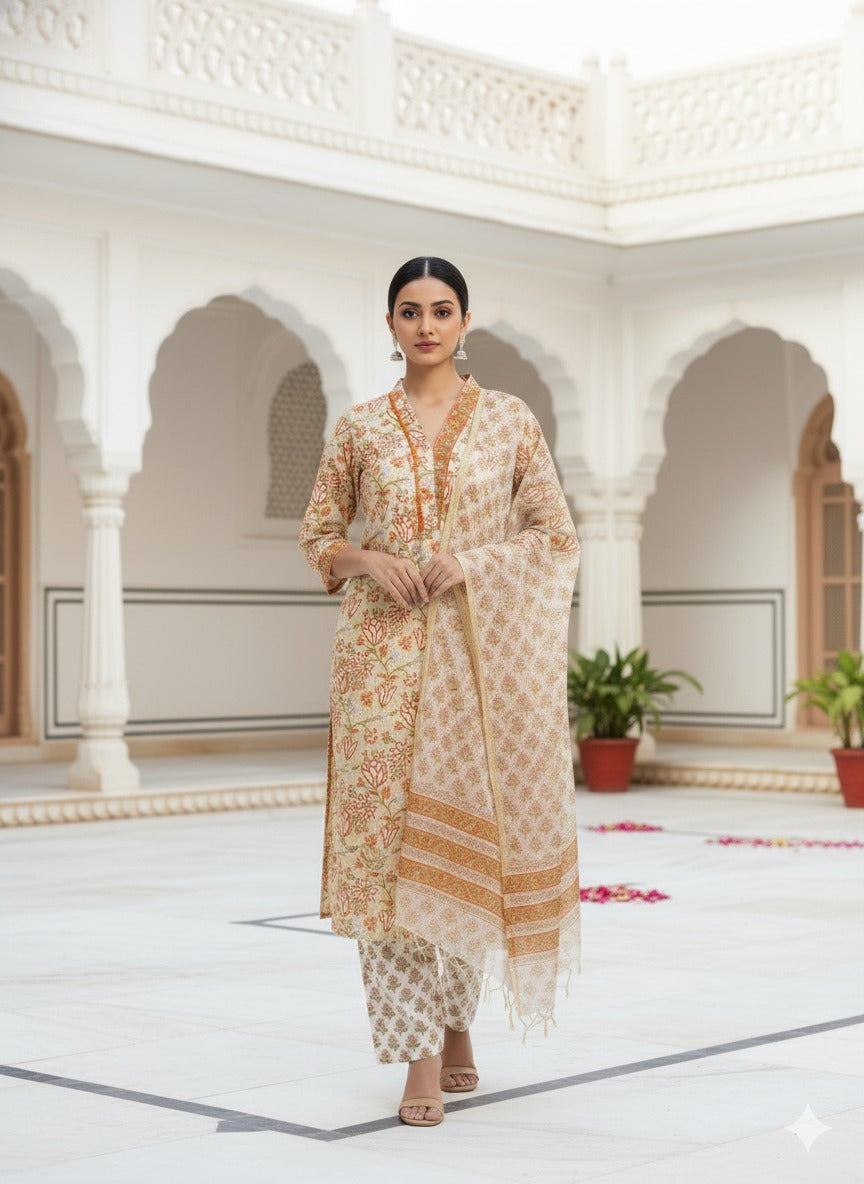 Shop hand block print cotton suits with kota dupatta (CSS504)