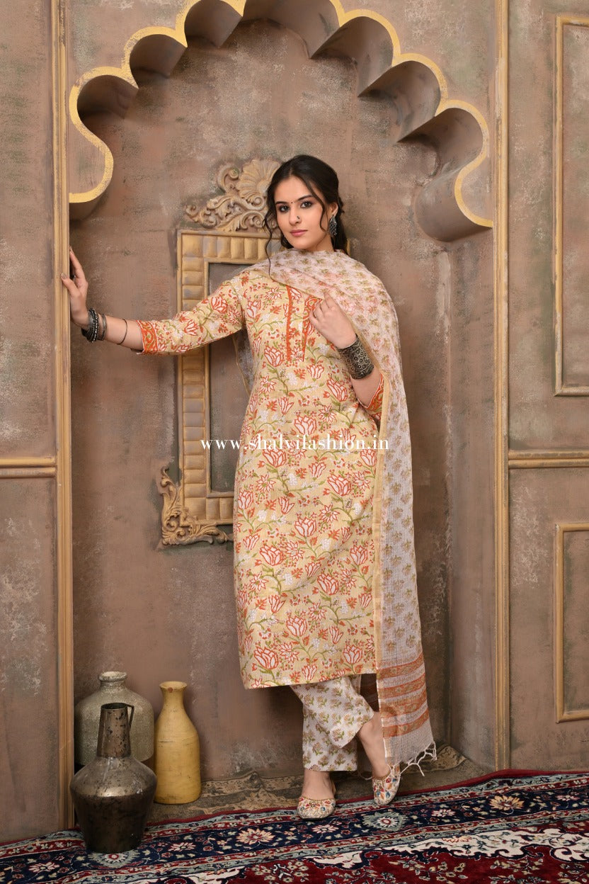 Shop hand block print cotton suits with kota dupatta (CSS504)