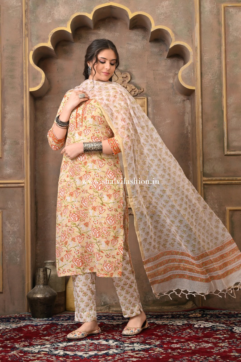 Shop hand block print cotton suits with kota dupatta (CSS504)
