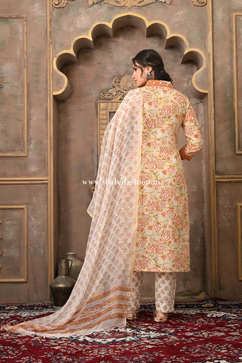 Shop hand block print cotton suits with kota dupatta (CSS504)