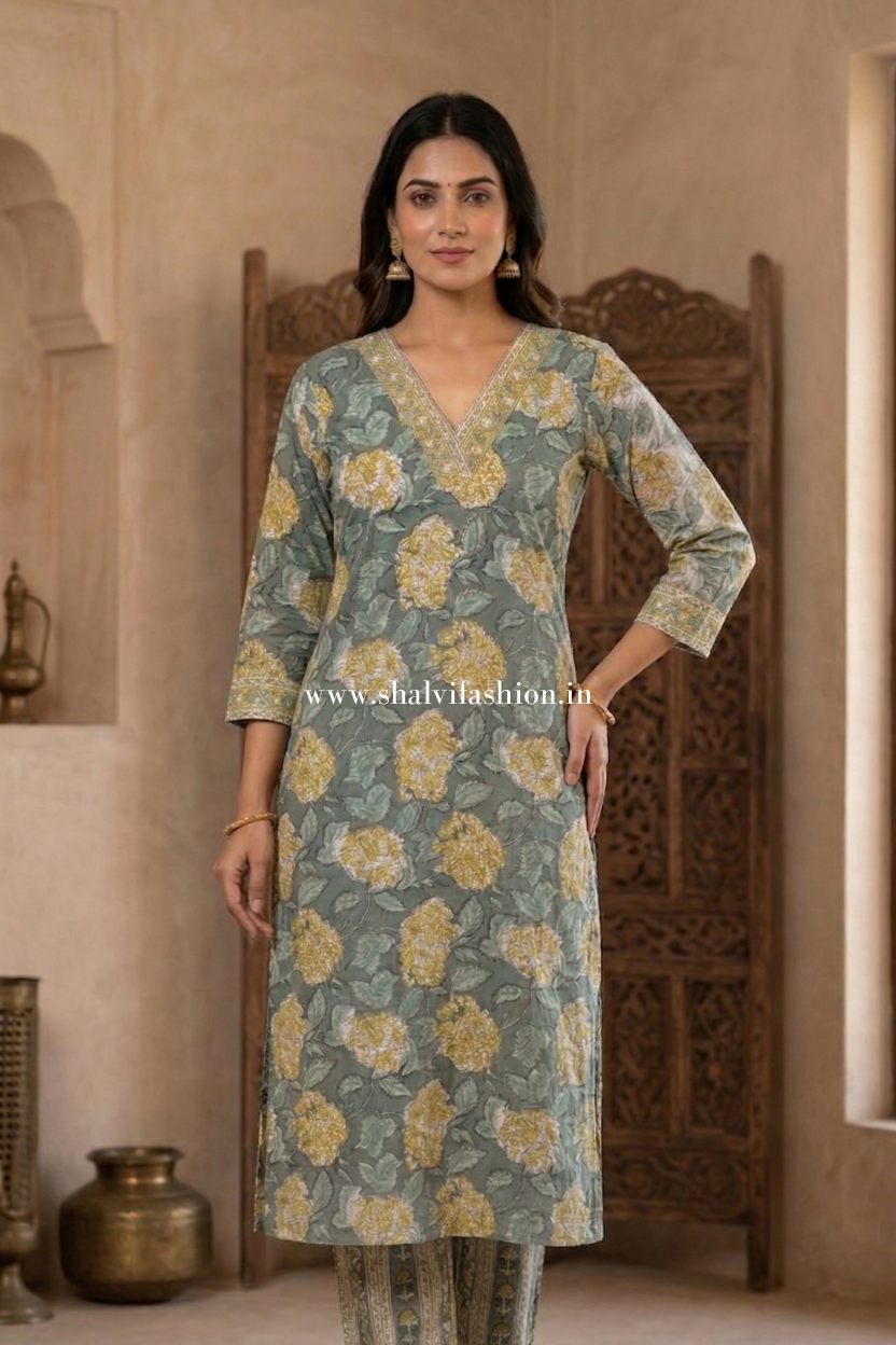 Shop hand block printed cotton suits with kota doria dupatta (CSS507)