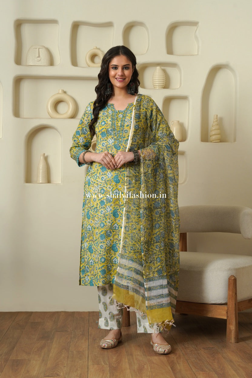 Shop hand block printed cotton suits with kota doria dupatta online (CSS508)