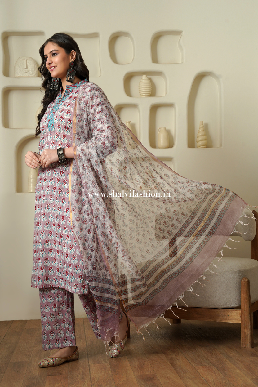 Shop hand block printed cotton suits with kota dupatta online shopping (CSS510)