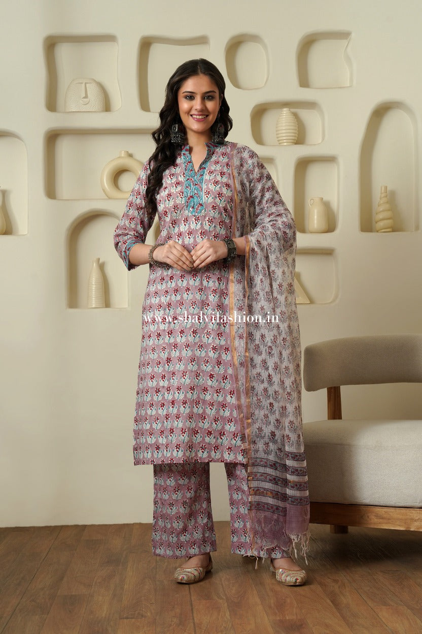 Shop hand block printed cotton suits with kota dupatta online shopping (CSS510)