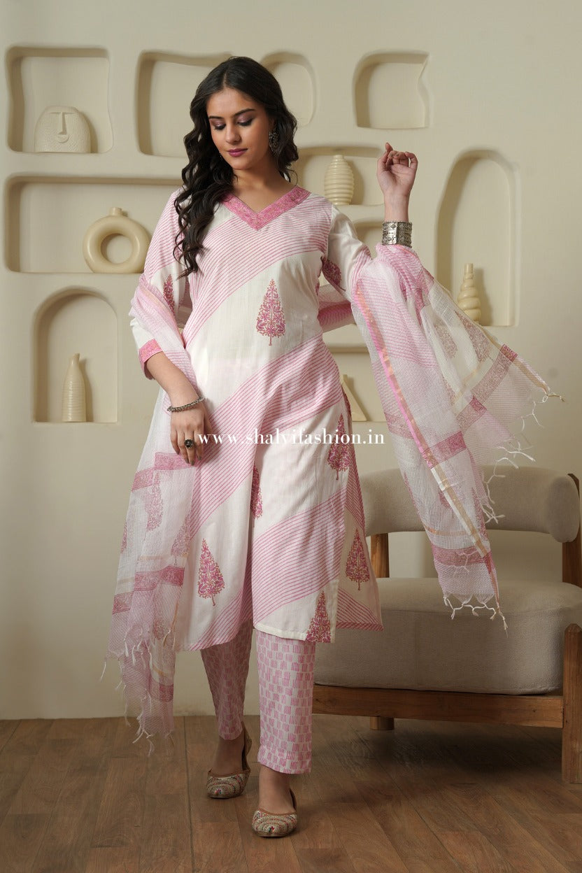 Shop block printed cotton suits with kota dupatta online shopping (CSS511)