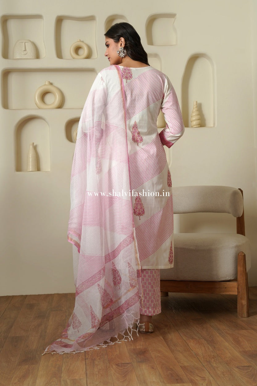 Shop block printed cotton suits with kota dupatta online shopping (CSS511)