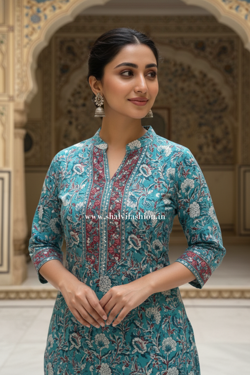 Shop hand block printed cotton suits with kota dupatta online shopping (CSS520)