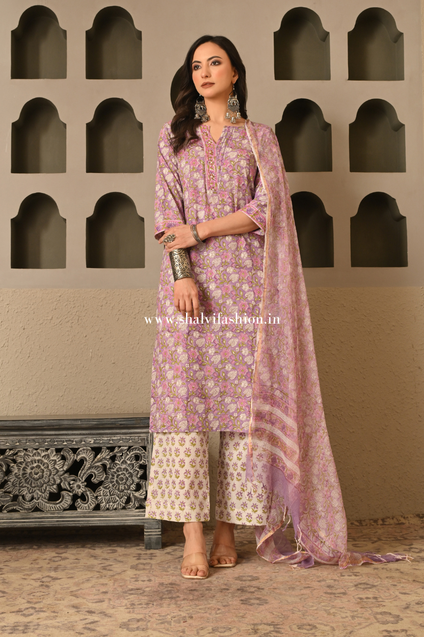 Shop block print cotton suits with doria dupatta online (CSS535)