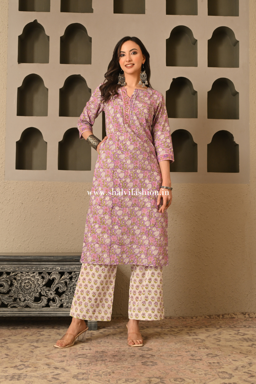 Shop block print cotton suits with doria dupatta online (CSS535)