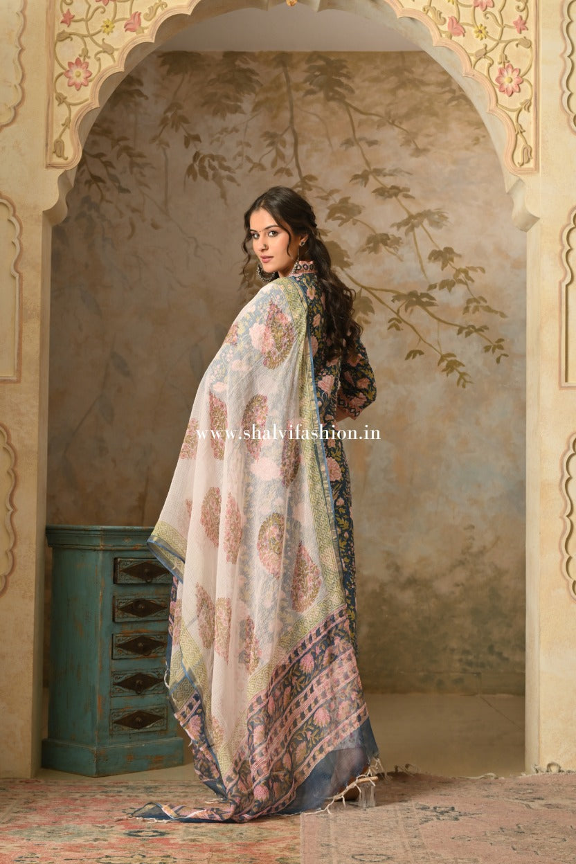 Shop block printed pure cotton suits with kota dupatta (CSS552)