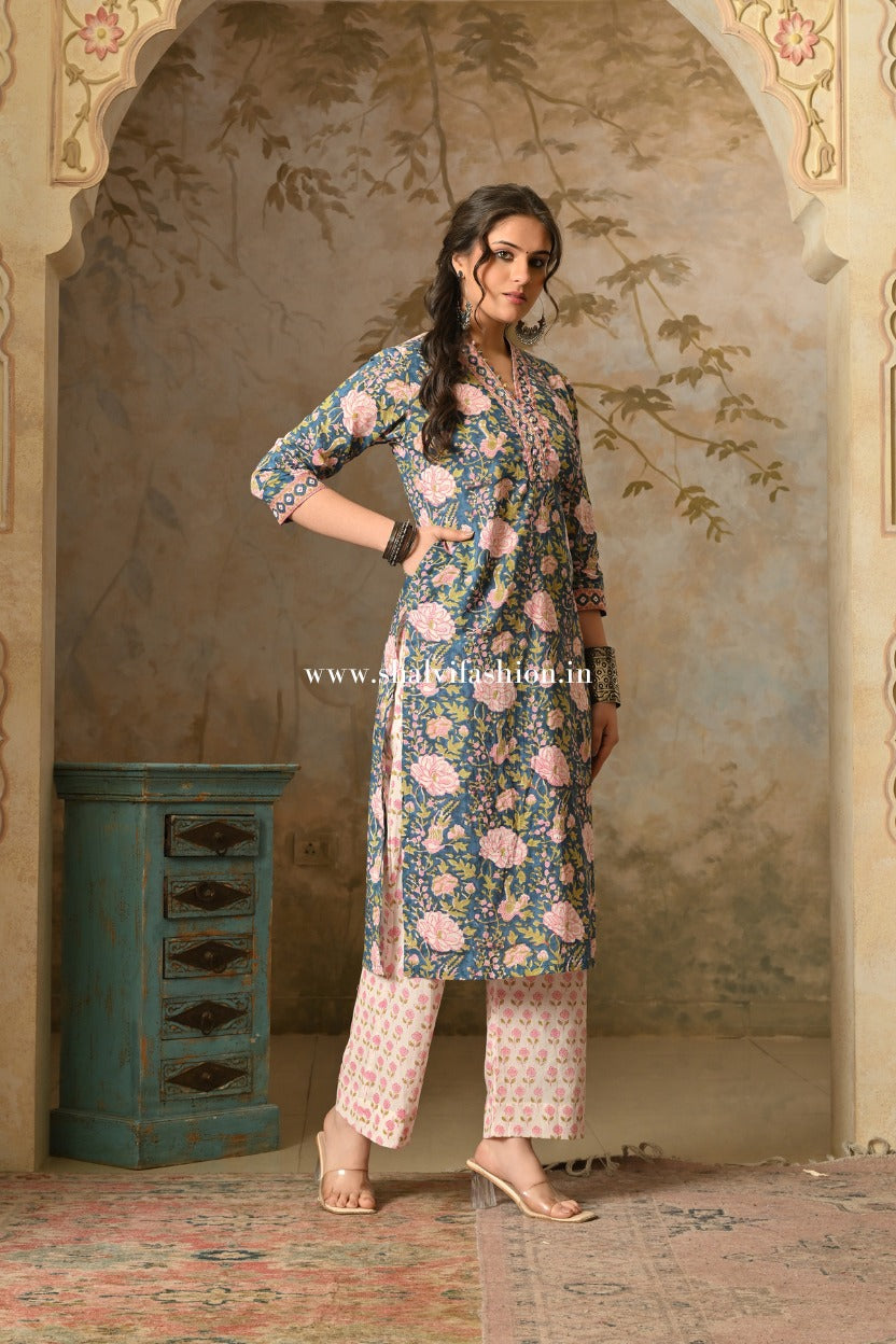 Shop block printed pure cotton suits with kota dupatta (CSS552)