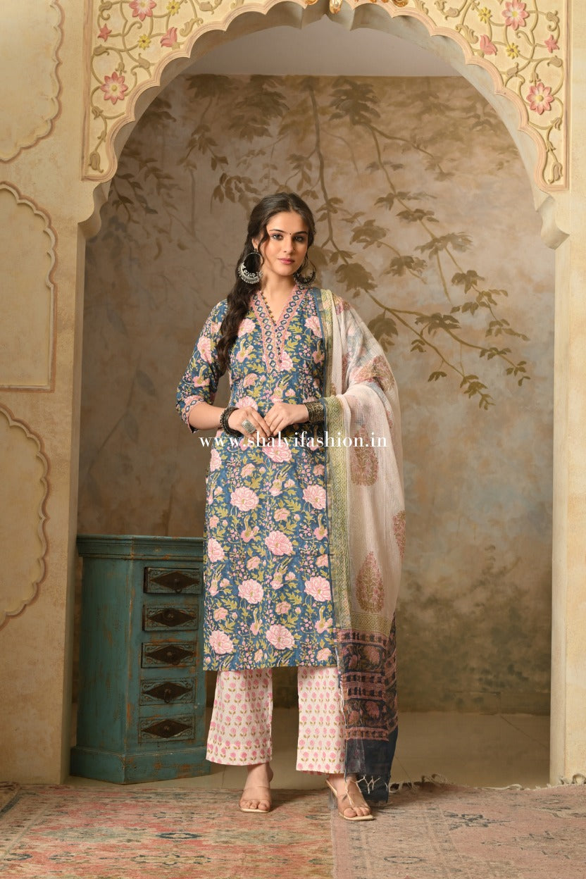 Shop block printed pure cotton suits with kota dupatta (CSS552)