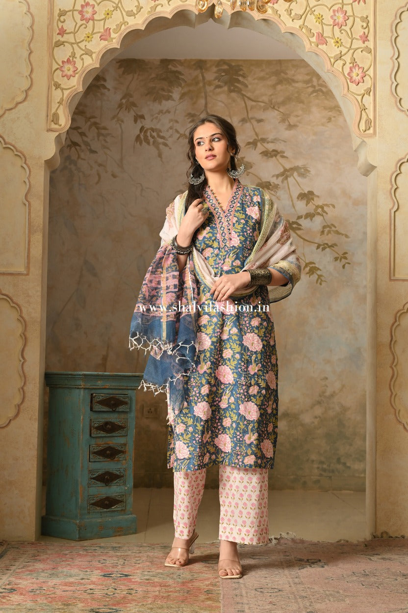 Shop block printed pure cotton suits with kota dupatta (CSS552)