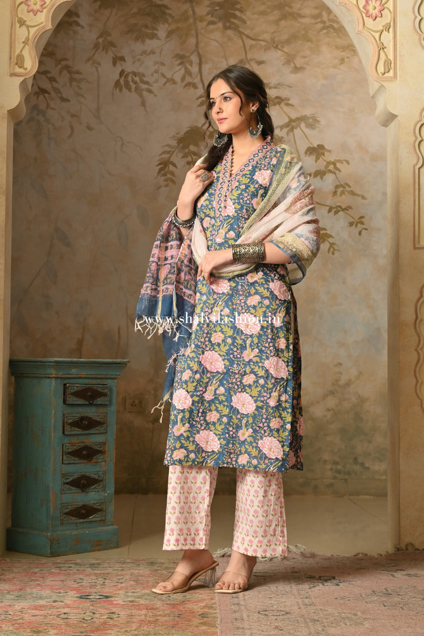 Shop block printed pure cotton suits with kota dupatta (CSS552)