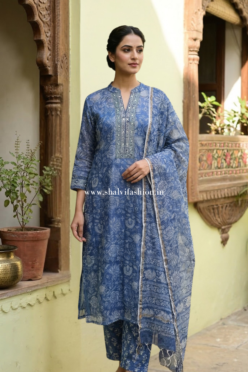 Gulzar Hand Block Print Kota Doria Suit Set (CSS563)