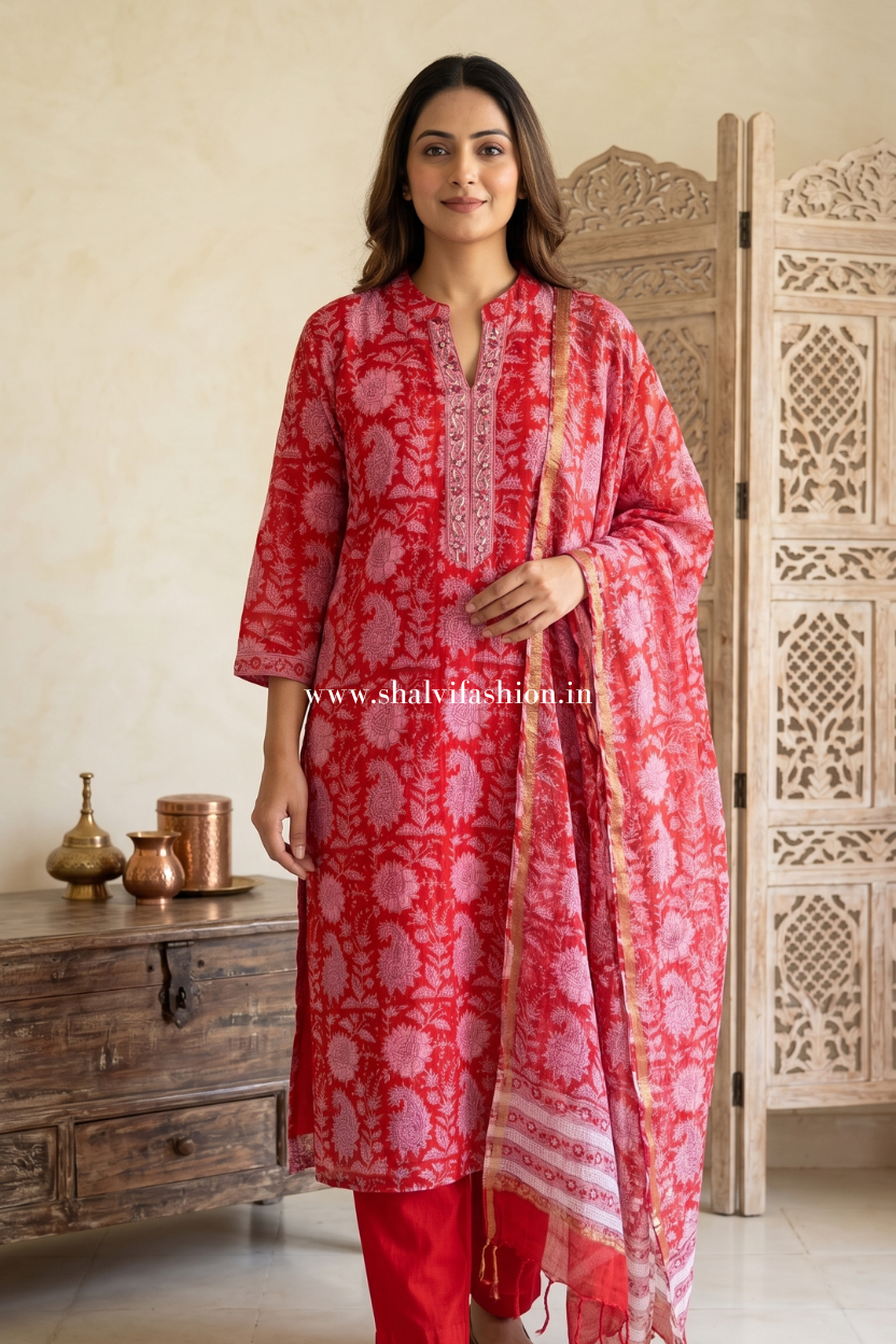 Shafaq Hand Block Print Kota Doria Suit Set (CSS566)