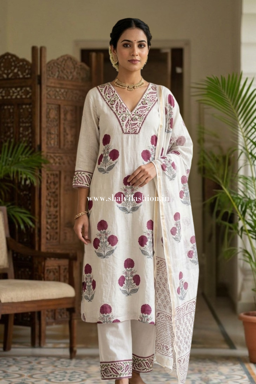 Shop block printed chanderi silk suits online (CSS572)