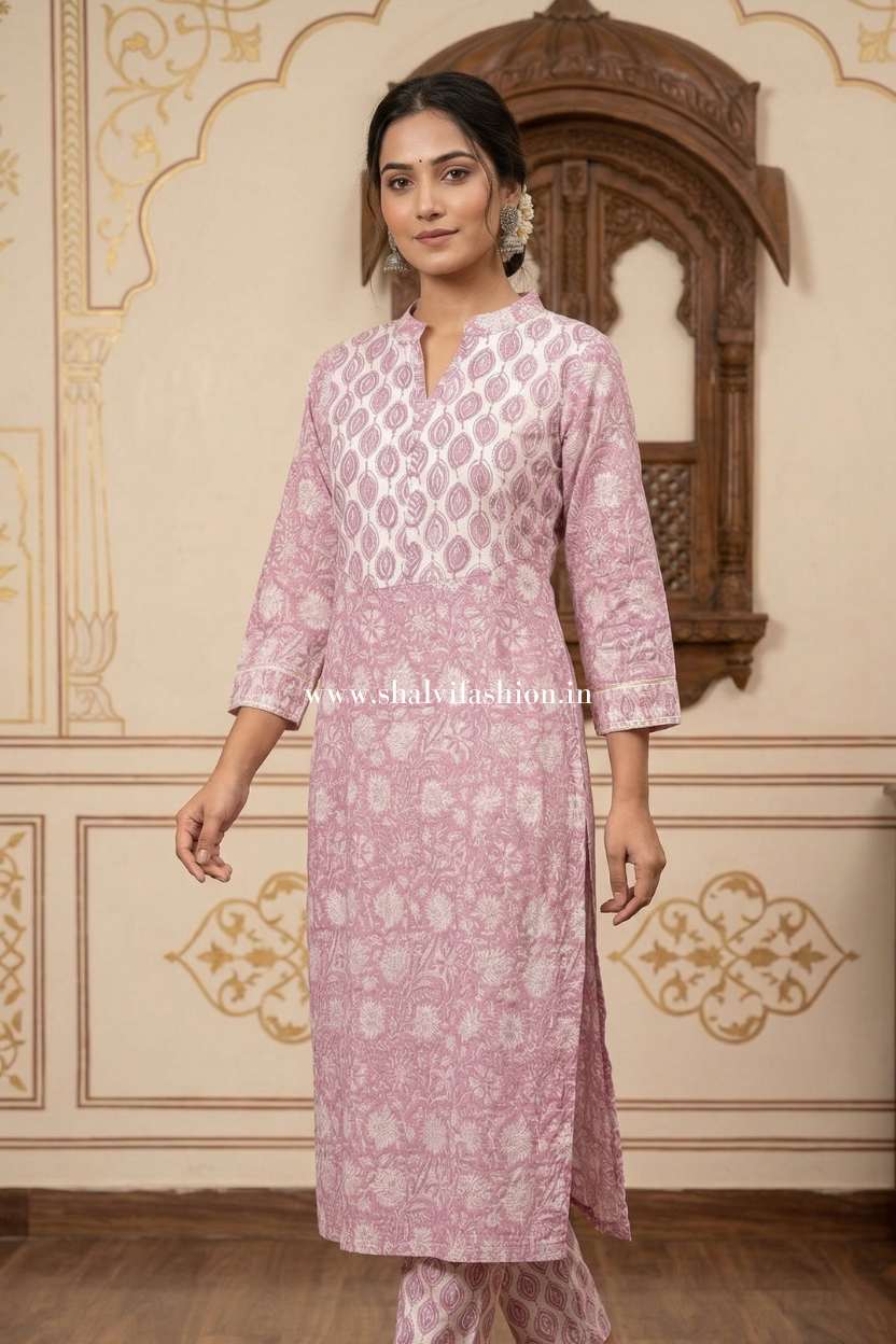 Shop hand block print cotton suits with kota dupatta (CSS595)