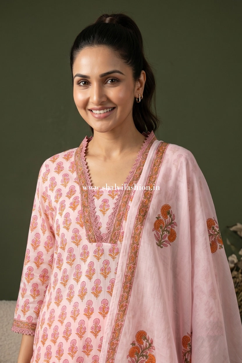 Shop hand block print organza suit set with organza dupatta online (CSS617)