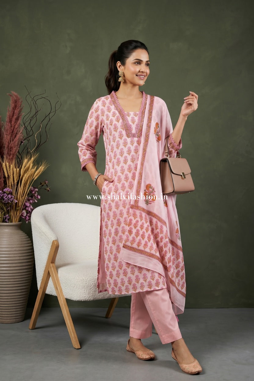 Shop hand block print organza suit set with organza dupatta online (CSS617)