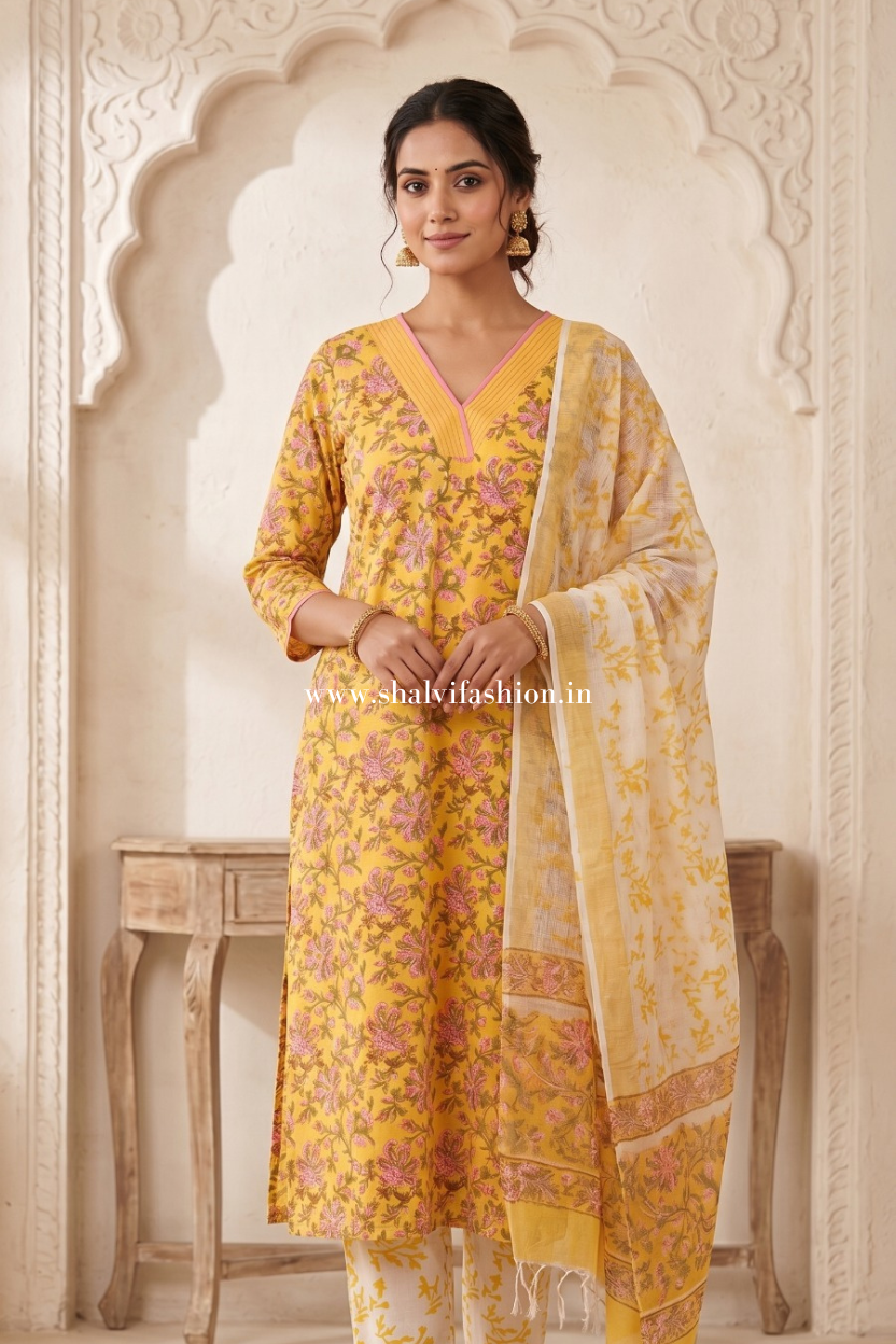 Shop block printed cotton suits with kota dupatta (CSS634)