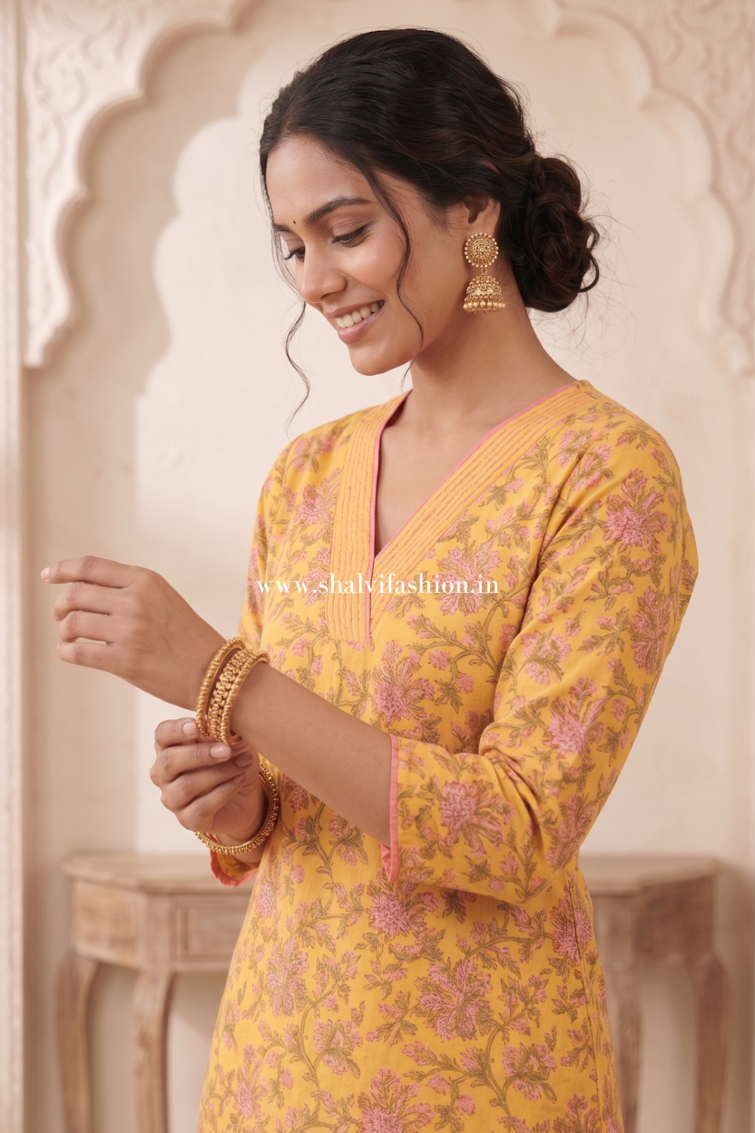 Shop block printed cotton suits with kota dupatta (CSS634)