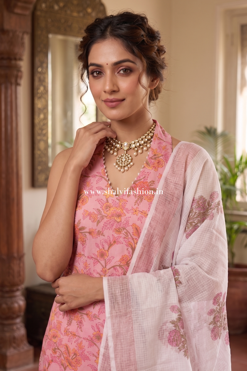 Shop hand block printed cotton suits with kota doria dupatta (CSS630)