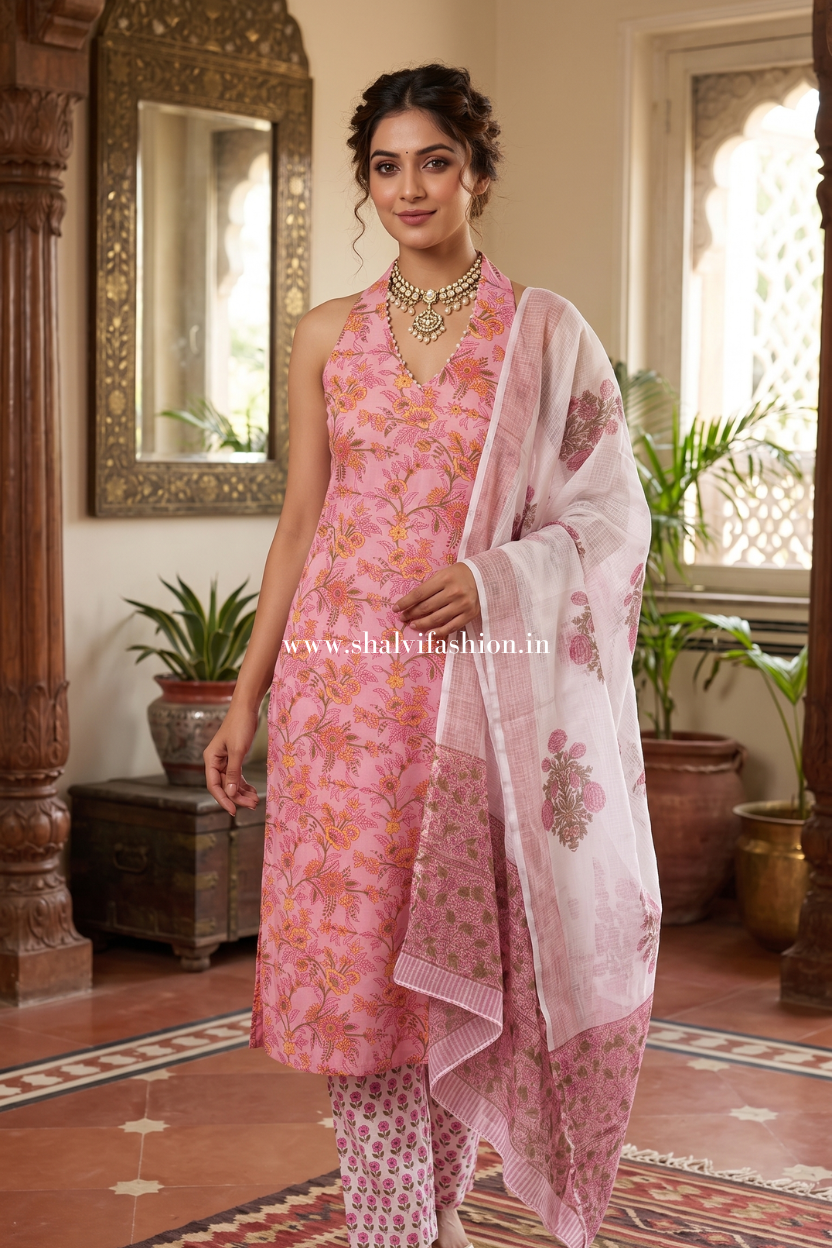 Shop hand block printed cotton suits with kota doria dupatta (CSS630)