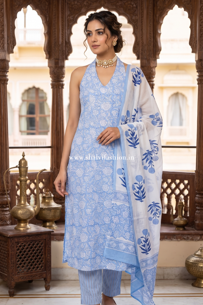 Shop block print cotton suits with mulmul dupatta (CSS631)