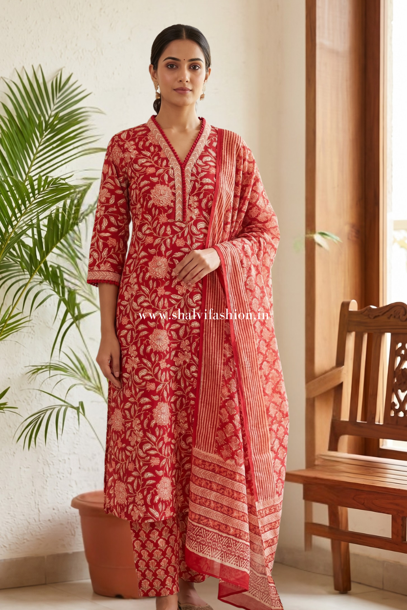 Shop hand block print cotton suits with kota dupatta (CSS640)
