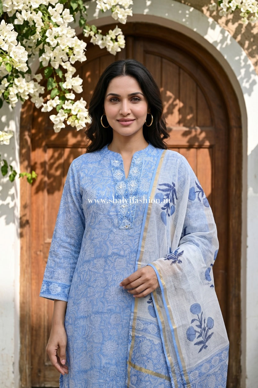 Najm Hand Block Print Kota Doria Suit Set (CSS643)