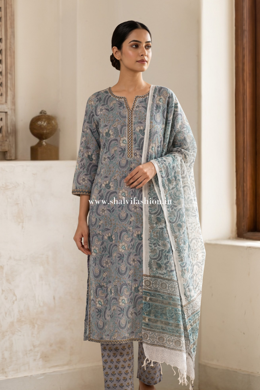Shop hand block printed cotton suits with kota dupatta (CSS654)