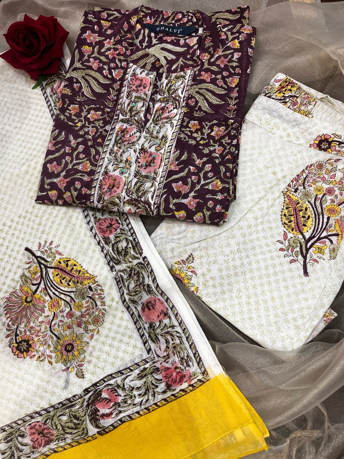 Shop hand block print cotton suits with mulmul dupatta (CSS74MUL)