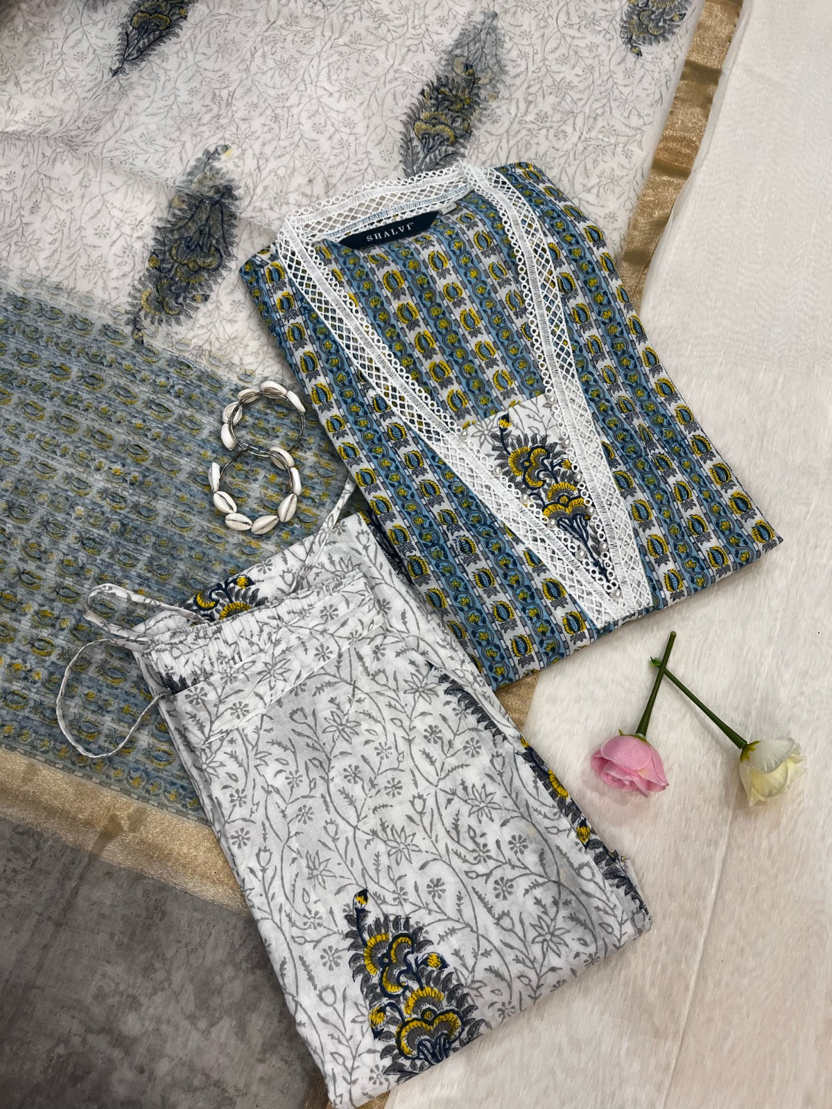 Shop block print cotton suits with organza dupatta (CSS90ORG)