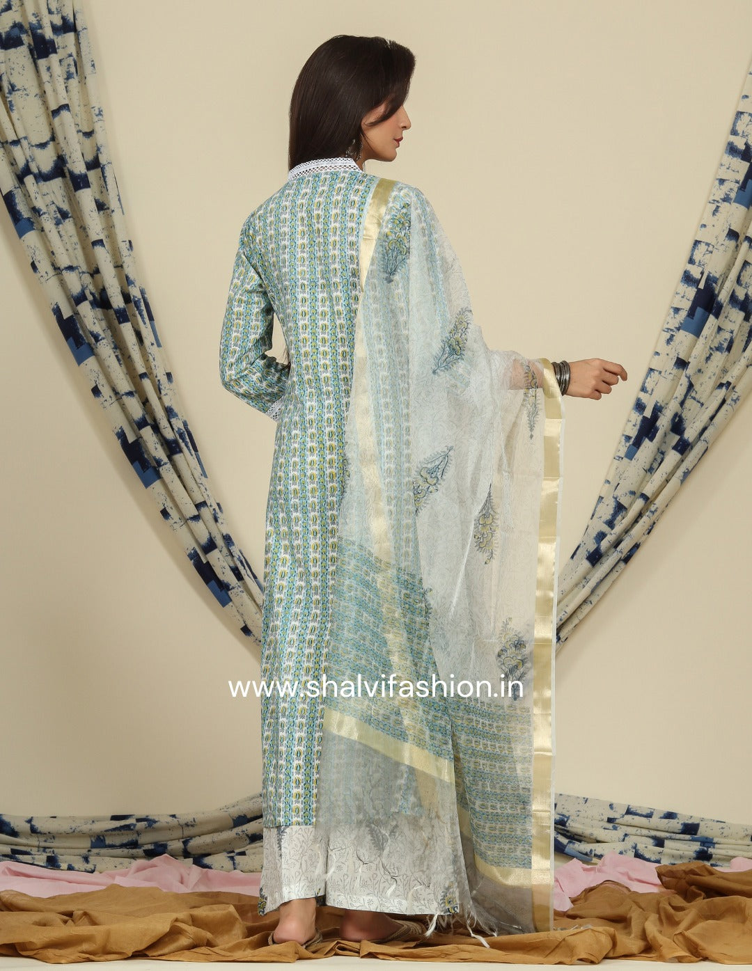 Shop block print cotton suits with organza dupatta (CSS90ORG)