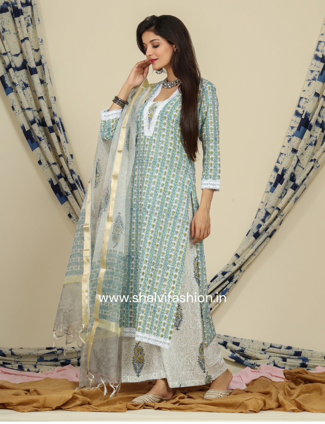 Shop block print cotton suits with organza dupatta (CSS90ORG)