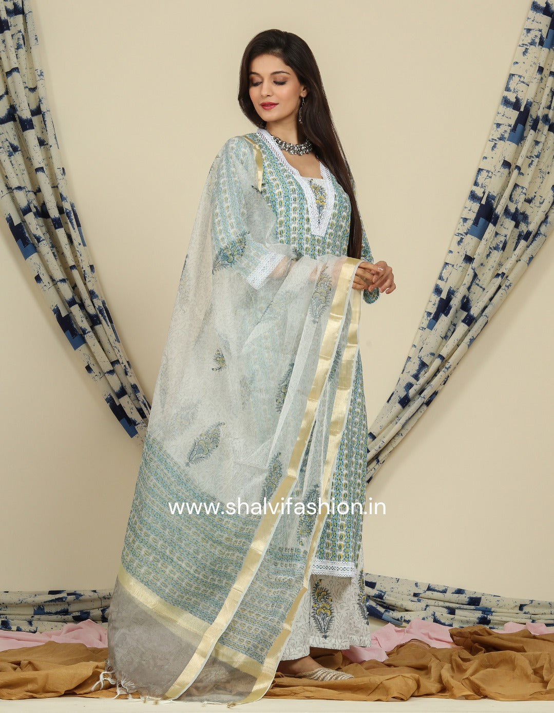 Shop block print cotton suits with organza dupatta (CSS90ORG)