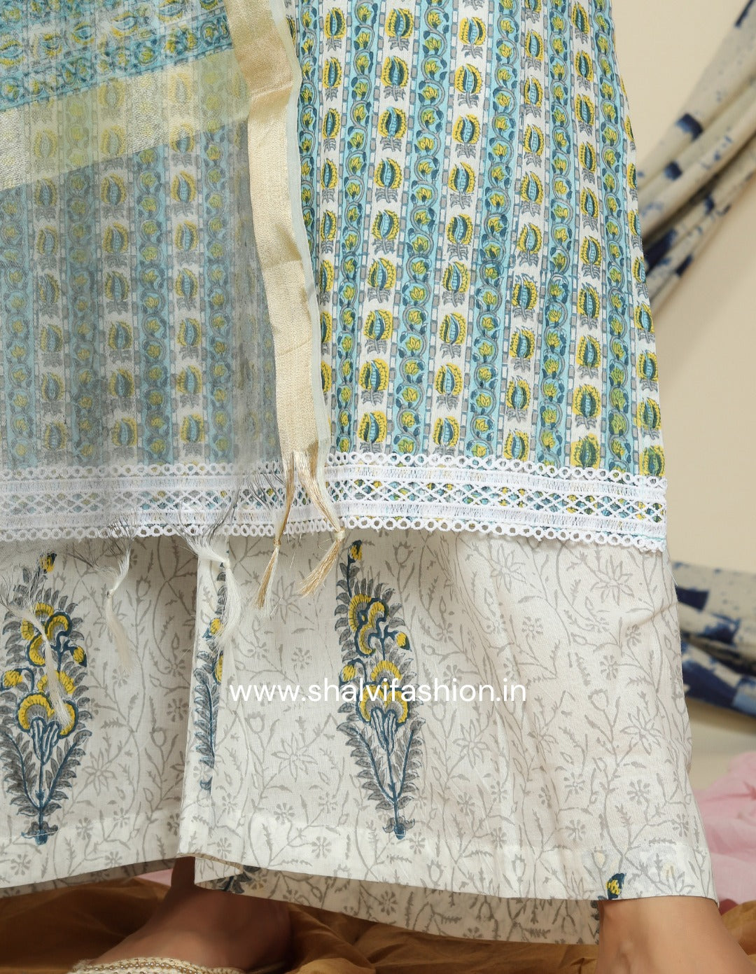 Shop block print cotton suits with organza dupatta (CSS90ORG)