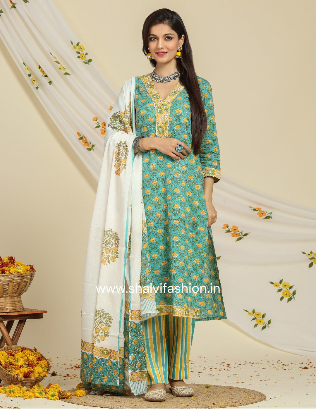 Shop hand block print cotton suits with mulmul dupatta (CSS91MUL)