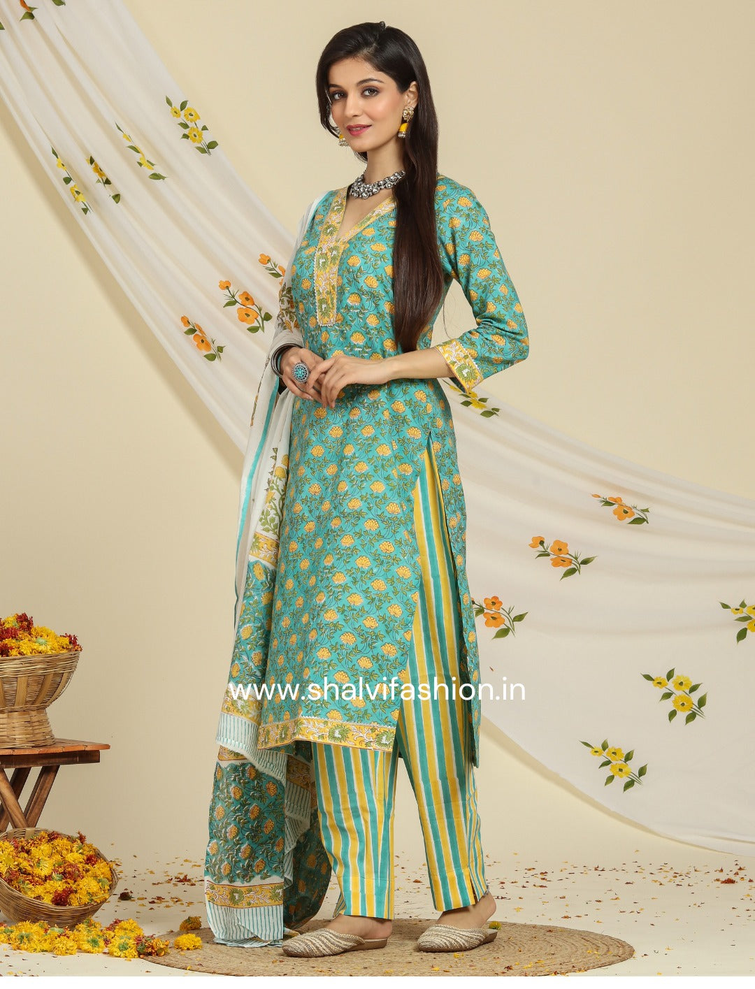 Shop hand block print cotton suits with mulmul dupatta (CSS91MUL)