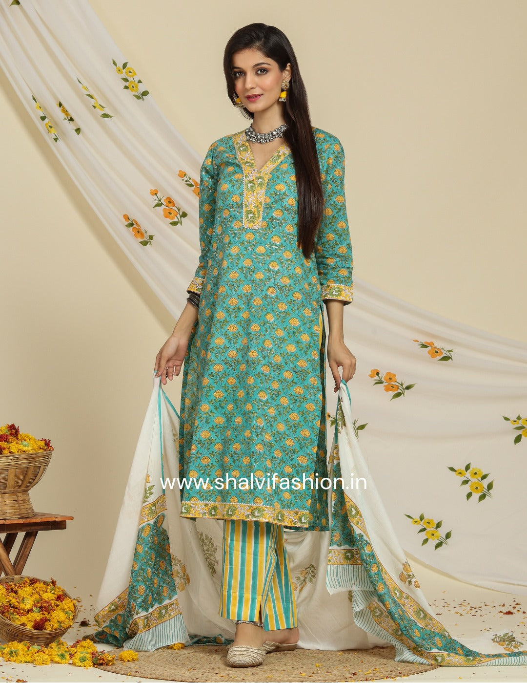 Shop hand block print cotton suits with mulmul dupatta (CSS91MUL)