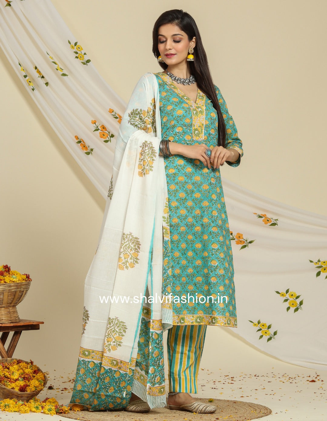 Shop hand block print cotton suits with mulmul dupatta (CSS91MUL)