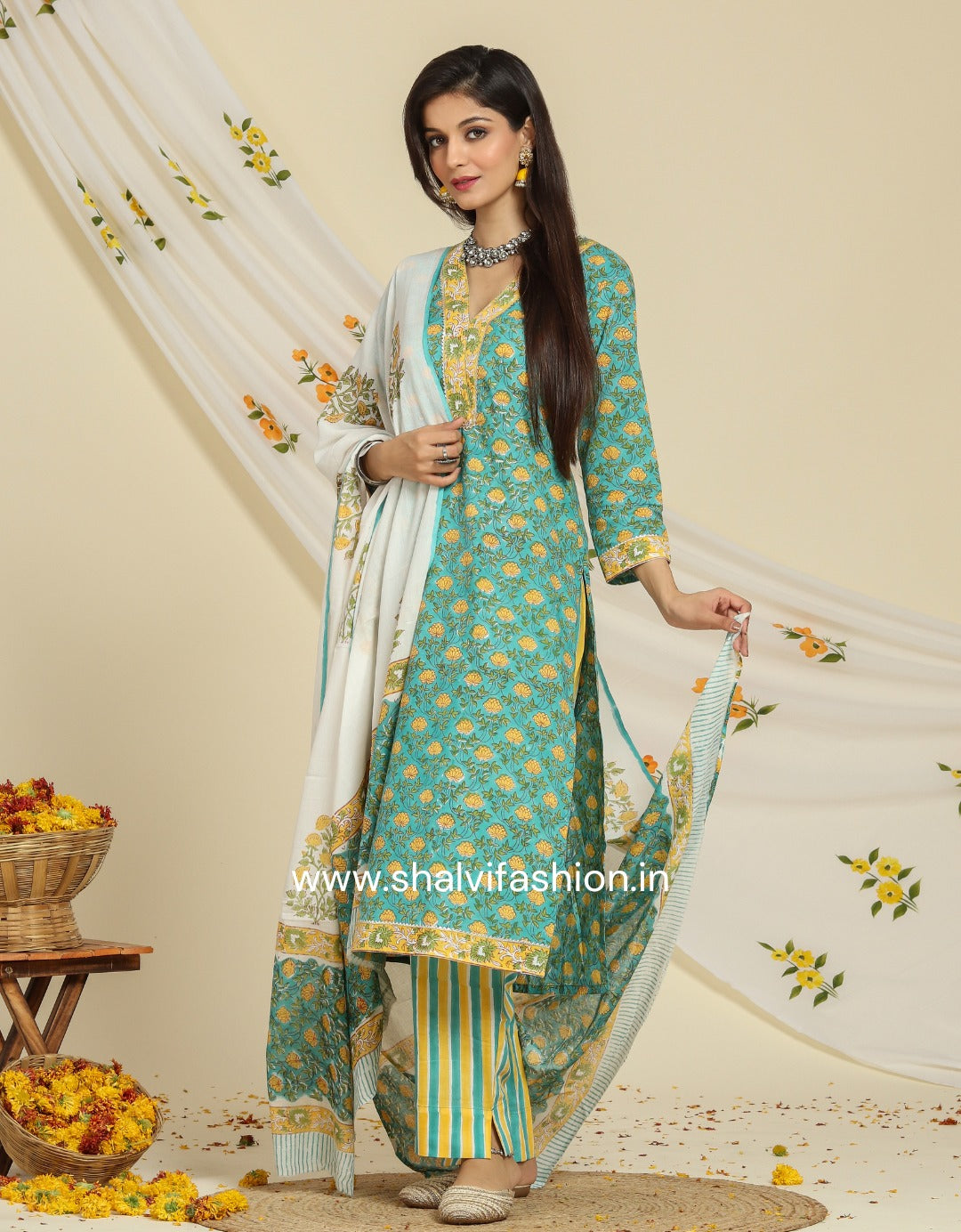 Shop hand block print cotton suits with mulmul dupatta (CSS91MUL)