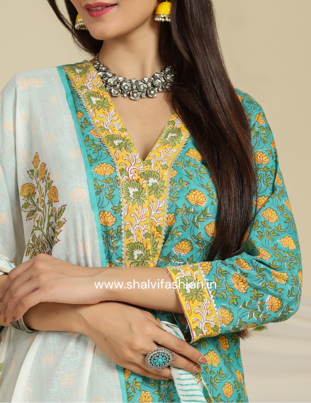 Shop hand block print cotton suits with mulmul dupatta (CSS91MUL)